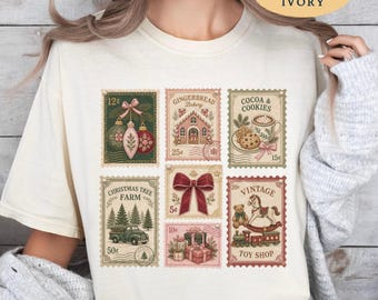 Vintage Christmas Postage Stamp Shirt, Faux Chenille Holiday Tee, Retro Postal Stamps Sweatshirt, Santa Workshop Tee, Vintage Holiday Stamps