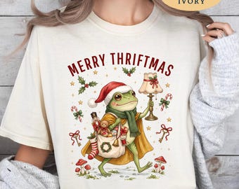 Camiseta Merry Thriftmas, Camiseta navideña vintage de rana, Sudadera navideña de rana adorable, Suéter Thriftmas, Camiseta acogedora para las fiestas
