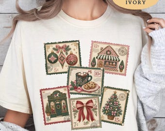 Vintage Christmas Postage Stamp Shirt, Faux Chenille Holiday Tee, Retro Postal Stamps Sweatshirt, Santa Workshop Tee, Vintage Holiday Stamps