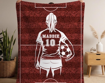 Soccer Blanket With Name And Number, Personalized Sports Throw, Custom Name Soccer Blanket, Team Player Gift, Soccer Gift Her