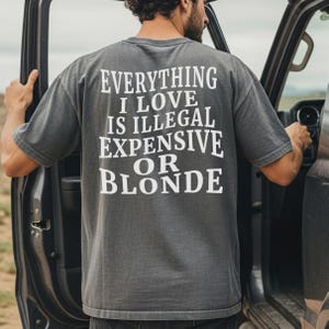 May include: A charcoal grey short-sleeve t-shirt featuring white text on the back that reads: EVERYTHING I LOVE IS ILLEGAL EXPENSIVE OR BLONDE. The shirt has a crew neckline and a relaxed fit, showcasing a washed-out fabric texture.