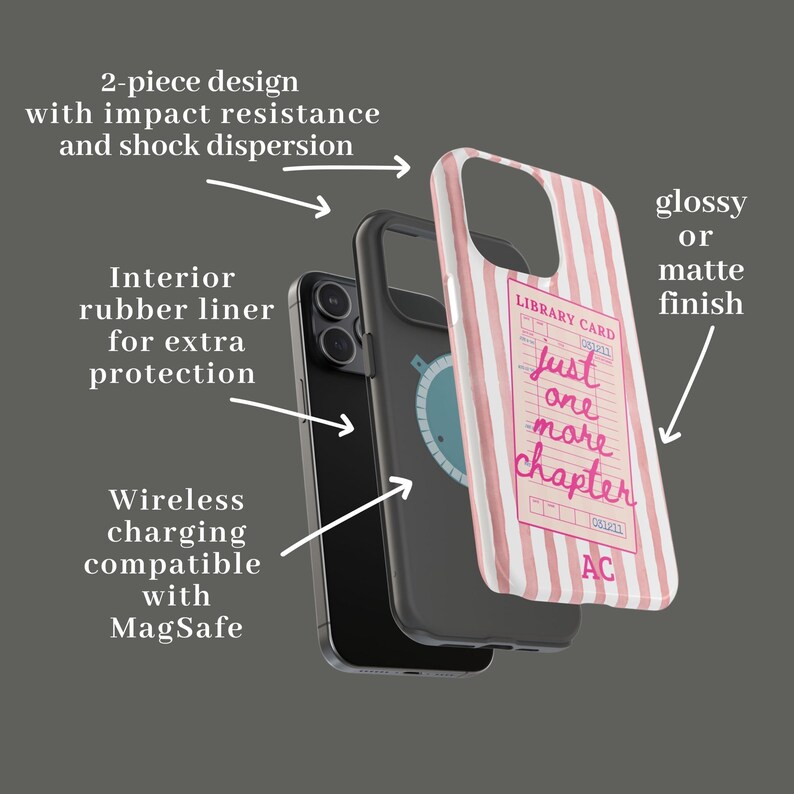Puede incluir: Funda de tel&eacute;fono de dos piezas, con resistencia a los impactos y dispersi&oacute;n de impactos. Tiene un forro interior de goma para mayor protecci&oacute;n y es compatible con la carga inal&aacute;mbrica MagSafe. Dise&ntilde;o a rayas rosas y blancas con el texto "Just one more chapter."