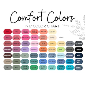 May include: A Comfort Colors 1717 color chart featuring a grid of rounded rectangular swatches, each labeled with its specific color name, including shades of red, pink, orange, yellow, green, blue, grey, and black, arranged on a white background.