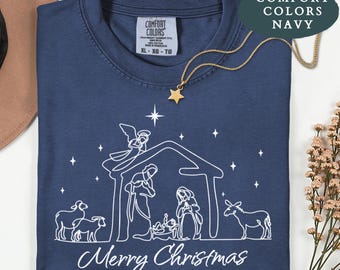 Nativity Scene Shirt, Fine Line Christmas Tee, Minimalist Christmas Sweatshirt, Religious Christmas Shirt, Christian Holiday Top