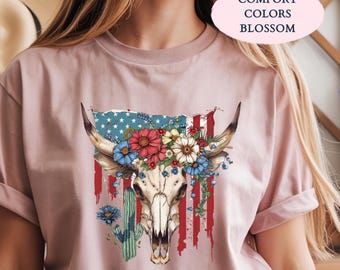 Patriotic America Bull Skull Shirt, Western 4th of July Tee, American Flag Cow Skull Shirt, Cowgirl Patriotic T-Shirt, USA Western Tee