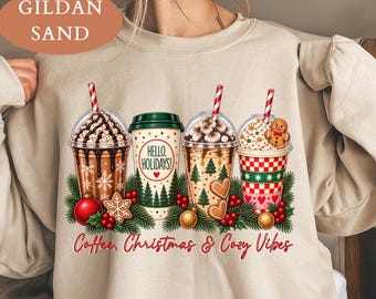 Coffee, Christmas & Cozy Vibes Shirt, Holiday Coffee Tee, Christmas Sweatshirt, Festive Xmas Shirt, Cozy Christmas Top