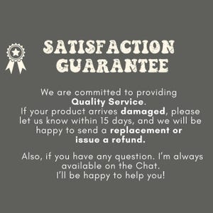 May include: A graphic on a gray background with the words "SATISFACTION GUARANTEE" in a vintage font. The text promises quality service, replacement or refund for damaged products within 15 days, and chat support.