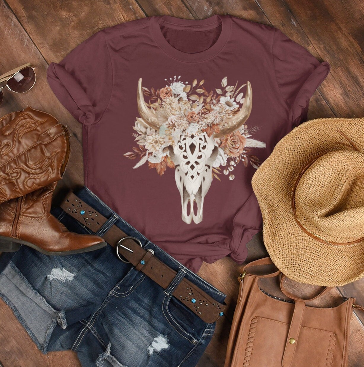 Women's Retro Western Ox Skull Print Casual Puff Sleeve Denim Shirt