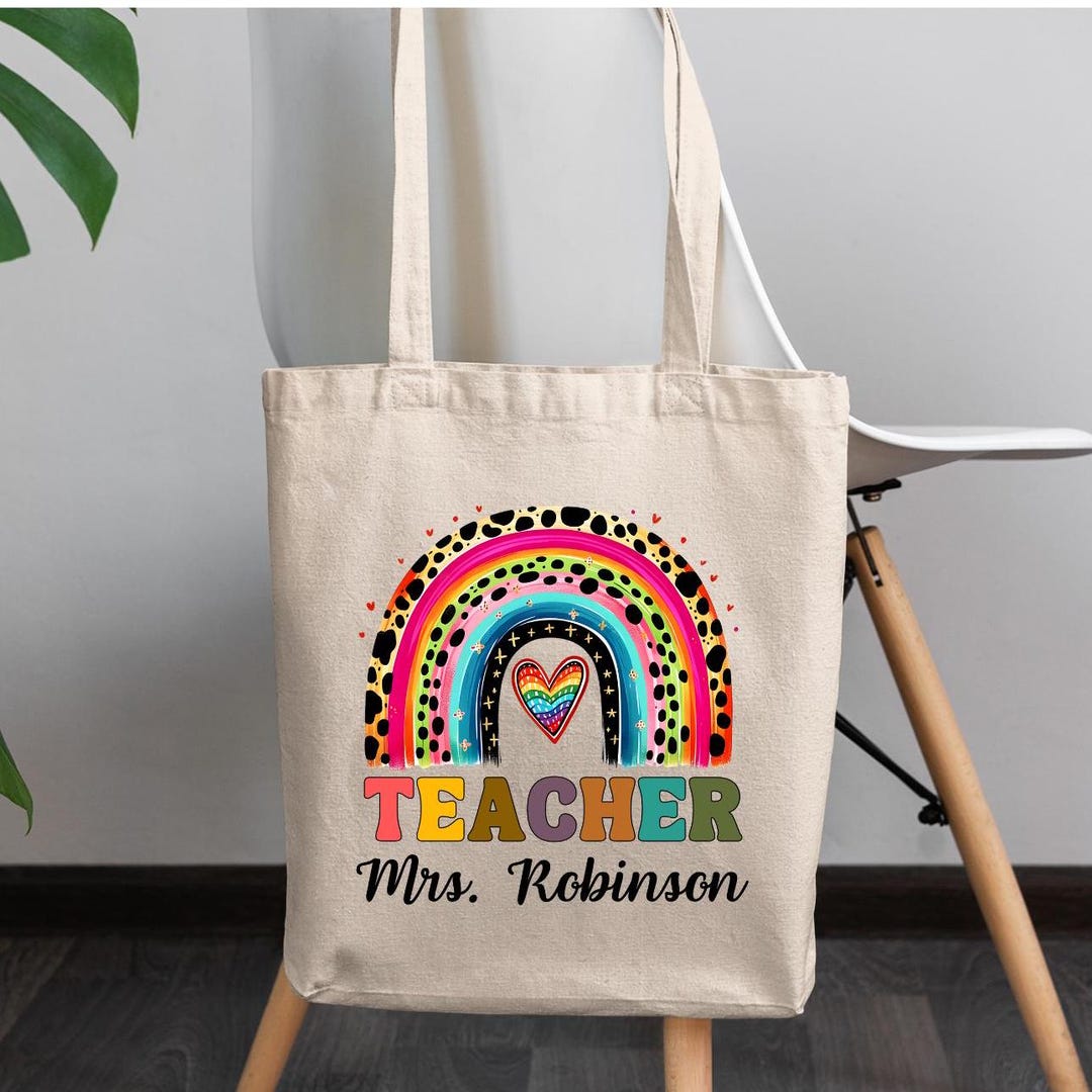 Personalized Teacher Rainbow Tote Bag, Custom Name Canvas Bag ...