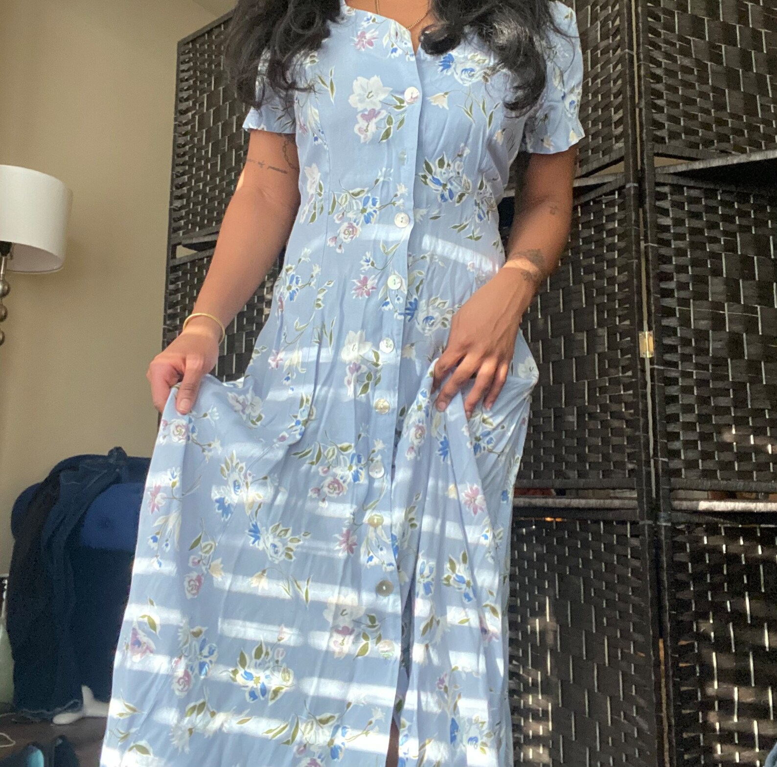 Fine maxi dresses fashion Retro Three Quarter Sleeve Printed Blue Long Dress main image 1