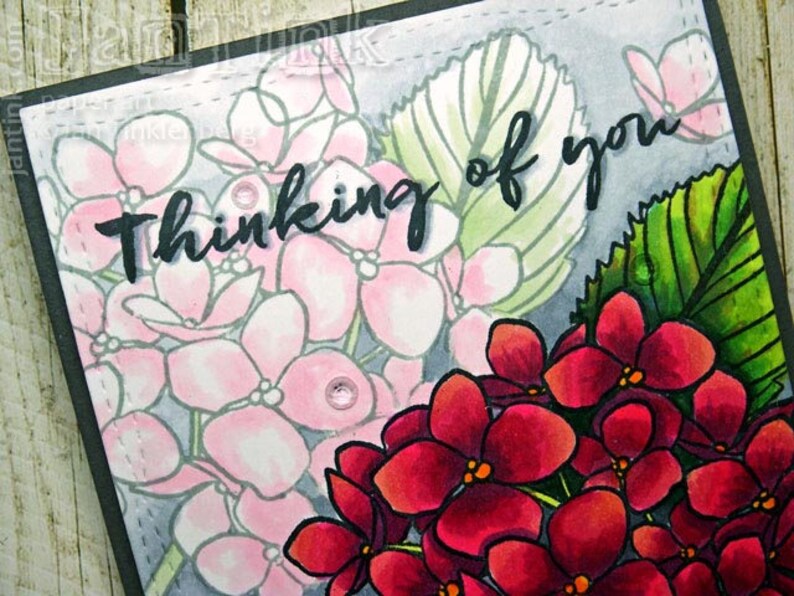 Thinking of You Beautiful Hydrangeas Fancy Greeting Card Handmade in Pink Magenta Gray Green for Friend Sister Mom Daughter Aunt Coworker