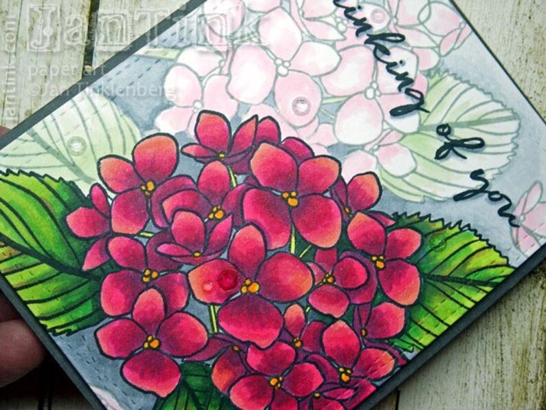Thinking of You Beautiful Hydrangeas Fancy Greeting Card Handmade in Pink Magenta Gray Green for Friend Sister Mom Daughter Aunt Coworker