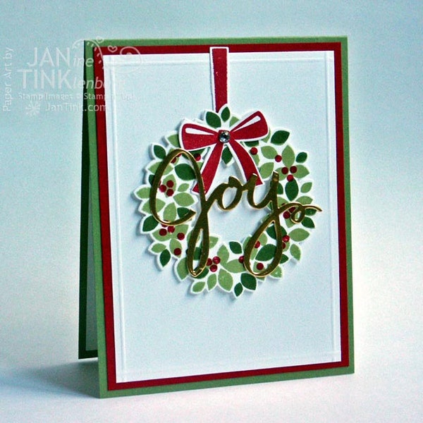 Joy Merry Christmas Wreath Greeting Card Handmade in Green Red White Gold