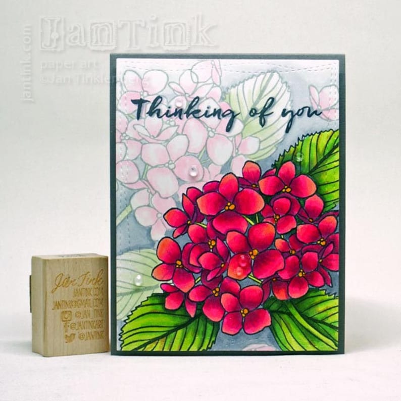 Thinking of You Beautiful Hydrangeas Fancy Greeting Card Handmade in Pink Magenta Gray Green for Friend Sister Mom Daughter Aunt Coworker