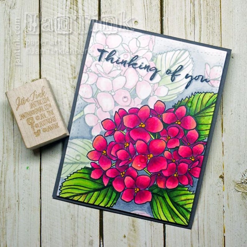 Thinking of You Beautiful Hydrangeas Fancy Greeting Card Handmade in Pink Magenta Gray Green for Friend Sister Mom Daughter Aunt Coworker