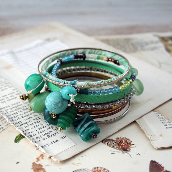 Sea Glass Punk Gypsy Bangle Stack - set of 10 bohemian Bangles