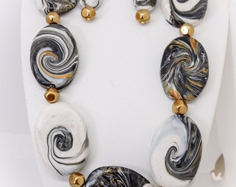 Black, Gold, White, Polymer Clay Jewelry Set