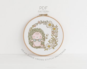 PDF Counted Cross Stitch - Spring Hedgehog / cross stitch, diy, how-to, embroidery, pattern, gift, dmc, supply, instruction, wreath, cute