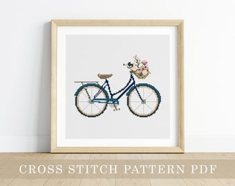 PDF Kreuzstich Zählmuster - Blaues Fahrrad / Blumen Kreuzstich, Fahrrad, Zyklus, Muster, Geschenk, Anleitung, hübsch, Stickerei, Stich, Frühling