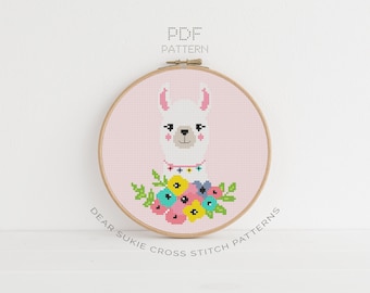 PDF Counted Cross Stitch - Llama / alpaca cross stitch, spring, diy, how-to, embroidery, pattern, gift, instruction, baby, nursery, floral