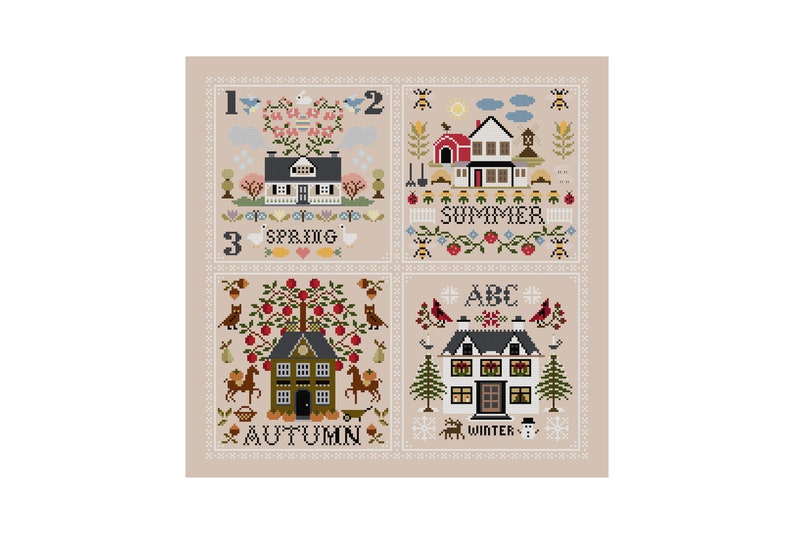 The Seasons Sampler Cross Stitch Pattern PDF embroidery, summer craft, stitching pattern, spring, folk sampler, autumn, winter image 4