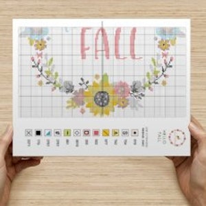 PDF Getelde Cross Stitch Hallo herfst / kruissteek, diy, how-to, borduurwerk, patroon, cadeau, dmc, levering, instructie, krans, herfst afbeelding 3