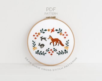 PDF Counted Cross Stitch - Fox and Rabbits / woodland cross stitch, embroidery, pattern, gift,  supply, instruction, bunny, fox cross stitch