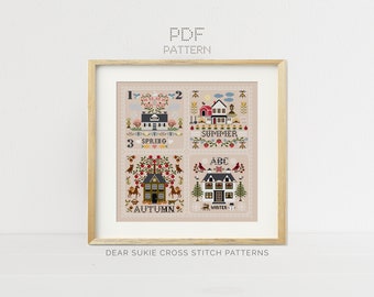 The Seasons Sampler Cross Stitch Pattern PDF - embroidery, summer craft, stitching pattern, spring, folk sampler, autumn, winter