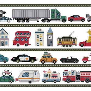 PDF Counted Cross Stitch Let's Go / giraffe, zebra, craft pattern, transportation, police car, baby, race cars, kids room, nursery decor image 3
