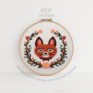 PDF Counted Cross Stitch - Brown Cat / kitten cross stitch, diy, how-to, embroidery, pattern, gift, dmc, supply, woodland, baby, wreath