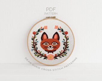 PDF Counted Cross Stitch - Brown Cat / kitten cross stitch, diy, how-to, embroidery, pattern, gift, dmc, supply, woodland, baby, wreath