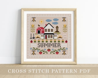 Zomerseizoen Sampler Cross Stitch Patroon PDF - borduurwerk, zomerambacht, stikpatroon, xstitch, plattelandsleven, folk sampler