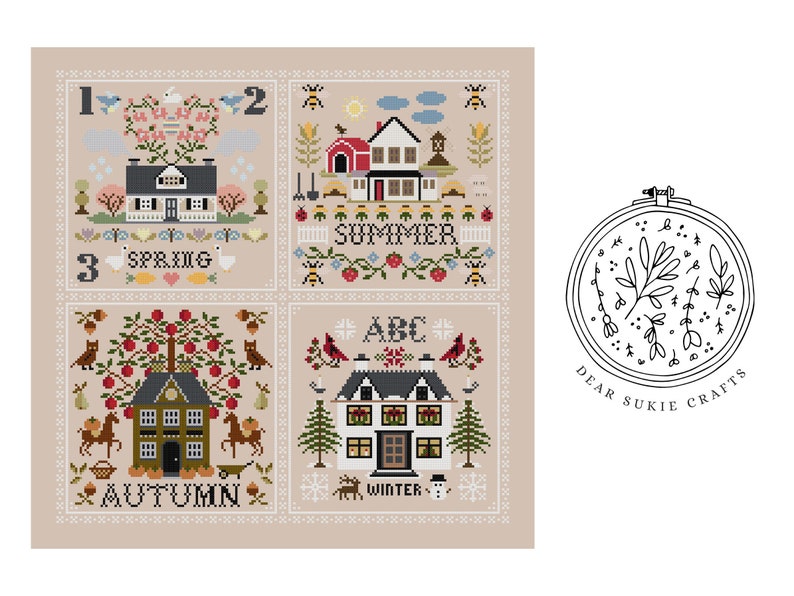 The Seasons Sampler Cross Stitch Pattern PDF Stickmuster, Sommer, Stickmuster, Frühling, Folklore, Herbst, Winter Bild 2