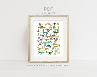 PDF Counted Cross Stitch - Dinosaur Alphabet / dino cross stitch, kid, embroidery, pattern, gift, boy, supply, instruction, letters