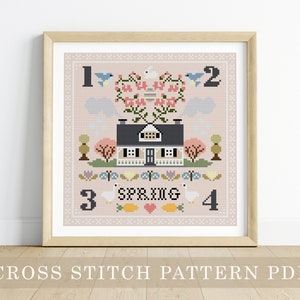 SpringSeason Sampler Cross Stitch Pattern PDF - embroidery, spring craft, stitching pattern, xstitch, country life, folk sampler
