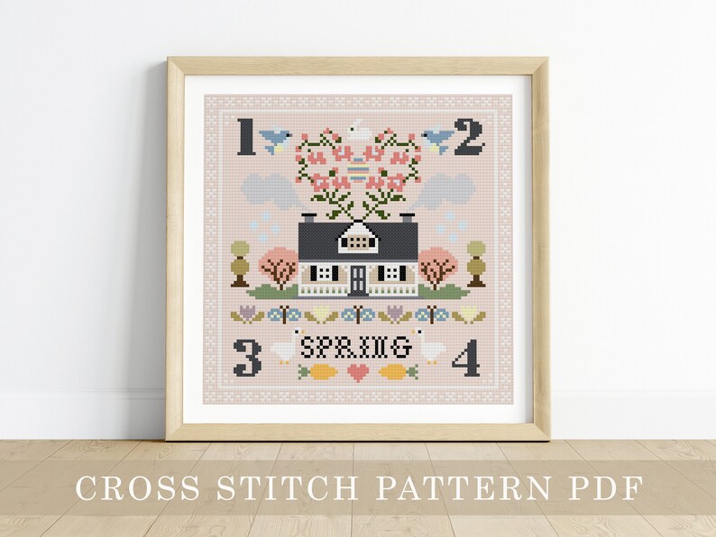 SpringSeason Sampler Cross Stitch Pattern PDF embroidery, spring craft, stitching pattern, xstitch, country life, folk sampler image 1