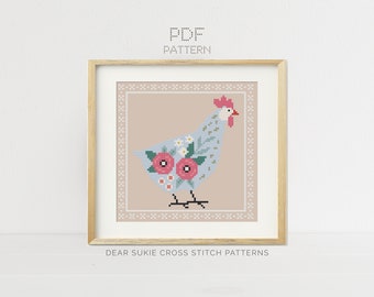 PDF Counted Cross Stitch - Blue Chicken / farm cross stitch, diy, embroidery, pattern, gift, bird, country, floral, cute, craft, chick