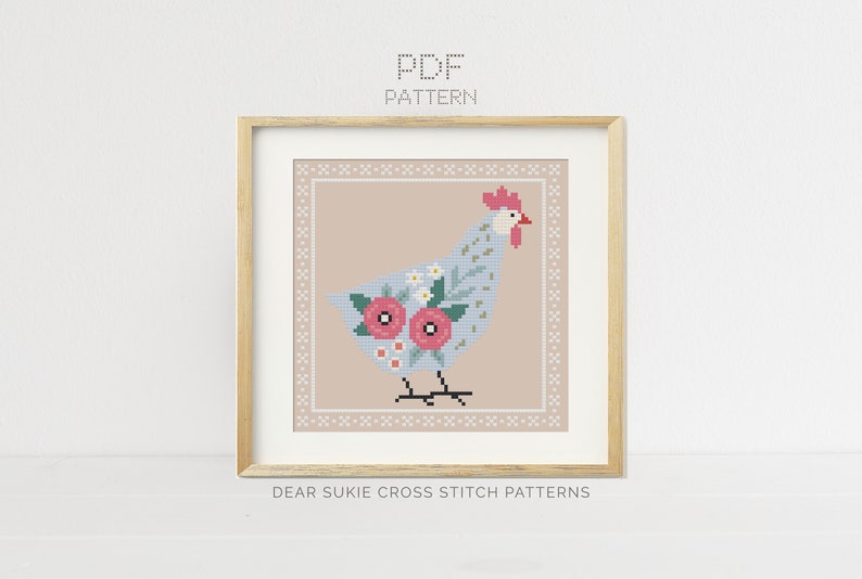 PDF Counted Cross Stitch Blue Chicken / farm cross stitch, diy, embroidery, pattern, gift, bird, country, floral, cute, craft, chick image 1