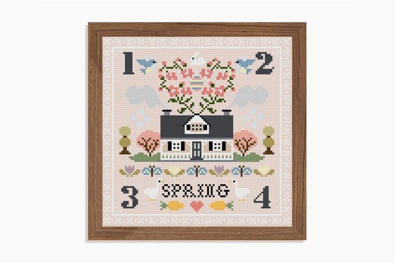 SpringSeason Sampler Cross Stitch Pattern PDF embroidery, spring craft, stitching pattern, xstitch, country life, folk sampler image 3