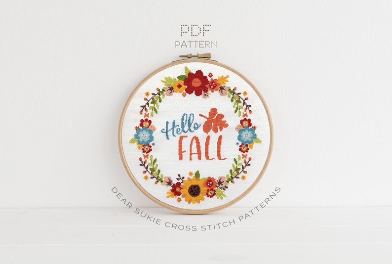 PDF Getelde Cross Stitch Hallo herfst / kruissteek, diy, how-to, borduurwerk, patroon, cadeau, dmc, levering, instructie, krans, herfst afbeelding 1