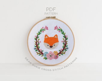 PDF Counted Cross Stitch - Foxy / fox cross stitch, diy, embroidery, pattern, gift, dmc, supply, instruction, baby, nursery, woodland