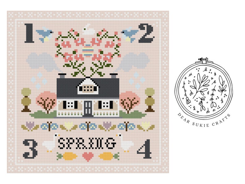 SpringSeason Sampler Cross Stitch Pattern PDF embroidery, spring craft, stitching pattern, xstitch, country life, folk sampler image 2