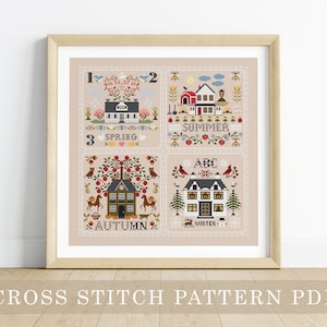 The Seasons Sampler Cross Stitch Pattern PDF - embroidery, summer craft, stitching pattern, spring, folk sampler, autumn, winter