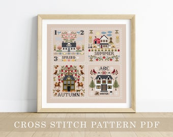 The Seasons Sampler Cross Stitch Pattern PDF - Stickmuster, Sommer, Stickmuster, Frühling, Folklore, Herbst, Winter