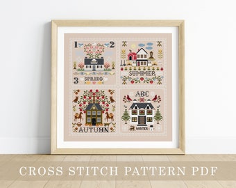 The Seasons Sampler Cross Stitch Pattern PDF - embroidery, summer craft, stitching pattern, spring, folk sampler, autumn, winter