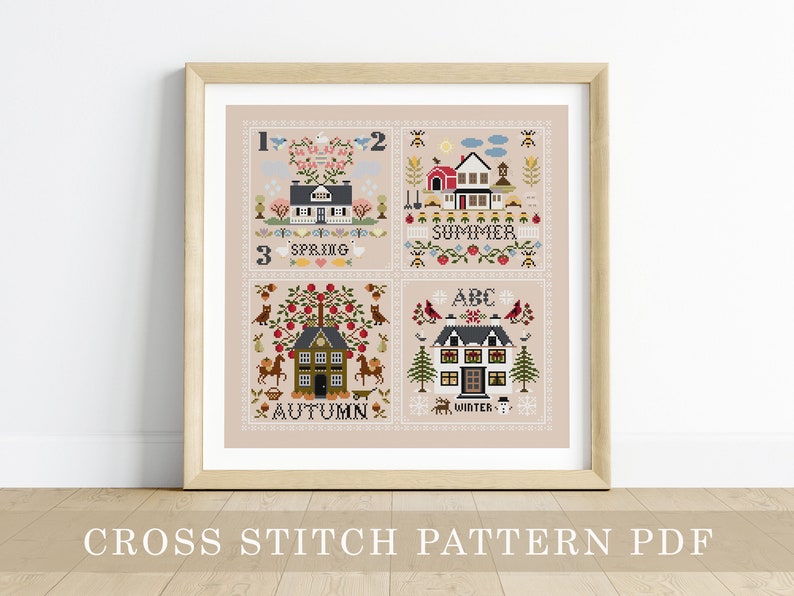 The Seasons Sampler Cross Stitch Pattern PDF embroidery, summer craft, stitching pattern, spring, folk sampler, autumn, winter image 1