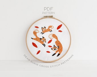 PDF Counted Cross Stitch - Frolicking Foxes / fox cross stitch, fall, diy, how-to, embroidery, pattern, gift, instruction, baby, nursery