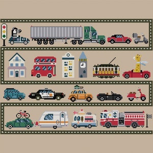 PDF Counted Cross Stitch Let's Go / giraffe, zebra, craft pattern, transportation, police car, baby, race cars, kids room, nursery decor image 4