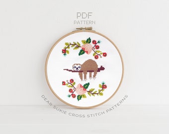 PDF Counted Cross Stitch - Lazy Day / sloth cross stitch, diy, how-to, embroidery, pattern, gift, dmc, supply, instruction, baby, nursery,