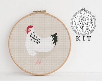 Counted Cross Stitch Kit - Clucking Hen / cross stitch pattern, craft kit, embroidery, supplies, cottage core, chicken, hen, farm, country